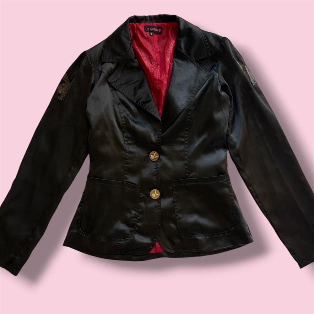 Italian Playboy black satin blazer with red lining and gold buttons, size S